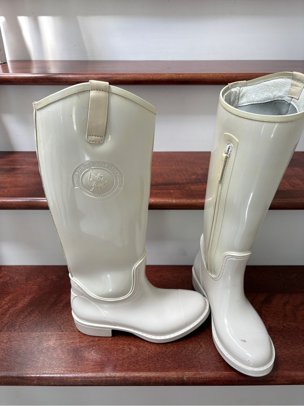 U.S. Polo Assn. Cream Glossy Knee-High Rain Boots size 5.5-6 ladies